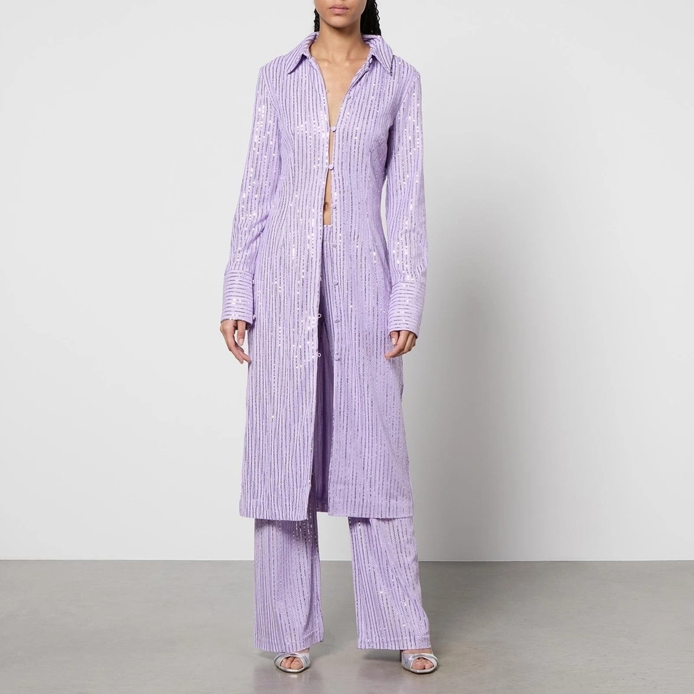 Stine Goya Lavender Lilac Sonja Sequin Button-Up Midi Shirtdress Duster Jacket